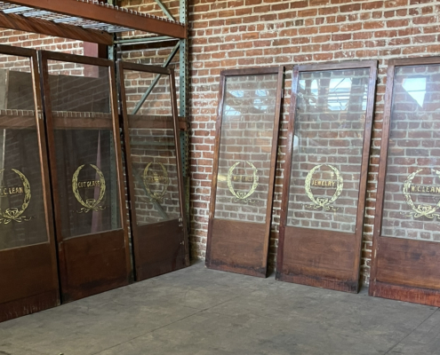 Display Cabinet Door from W.C. Lean Jewelry Store in Downtown San Jose - Mahogany with Glass Pane - Jewelry in Gold Leaf - 32 5/8" x 82" x 1 1/2"