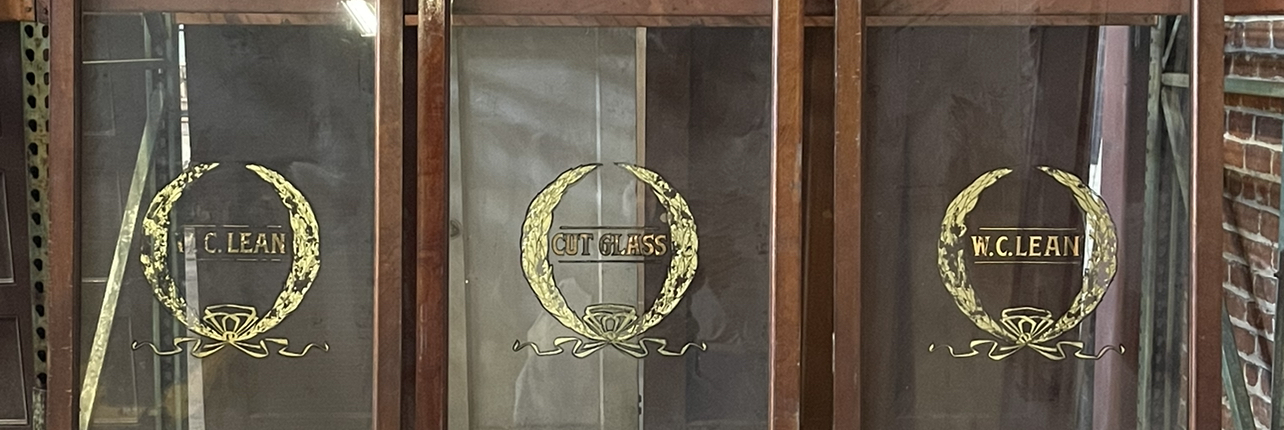 Display Cabinet Door from W.C. Lean Jewelry Store in Downtown San Jose - Mahogany with Glass Pane - W.C Lean in Gold Leaf - 32 5/8" x 82" x 1 1/2"