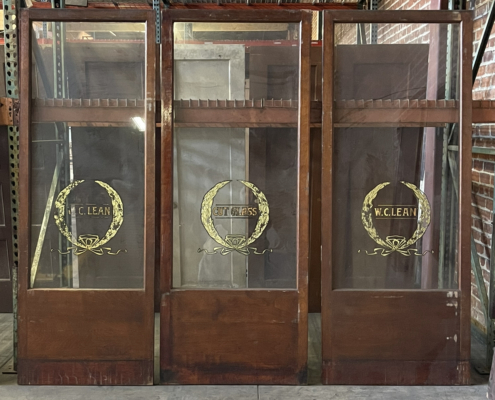 Display Cabinet Door from W.C. Lean Jewelry Store in Downtown San Jose - Mahogany with Glass Pane - W.C Lean in Gold Leaf - 32 5/8" x 82" x 1 1/2"