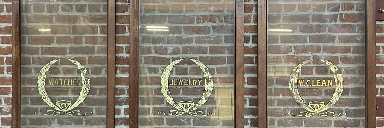 Display Cabinet Door from W.C. Lean Jewelry Store in Downtown San Jose - Mahogany with Glass Pane - Cut Glass in Gold Leaf - 32 9/16" x 82" x 1 1/2"