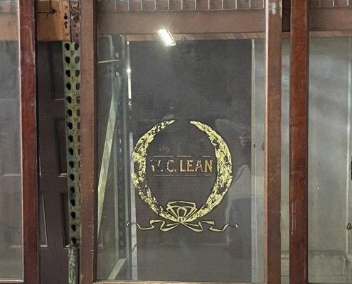 Display Cabinet Door from W.C. Lean Jewelry Store in Downtown San Jose - Mahogany with Glass Pane - W.C. Lean in Gold Leaf - 29 1/2" x 82" x 1 1/2"