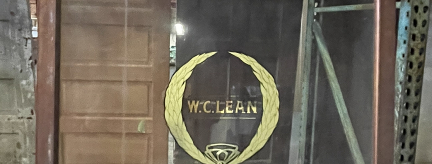 Display Cabinet Door from W.C. Lean Jewelry Store in Downtown San Jose - Mahogany with Glass Pane - W.C. Lean in Gold Leaf - 46 1/4" x 82" x 1 1/2"