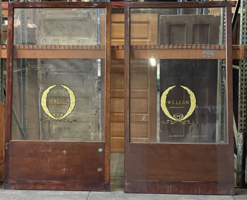Display Cabinet Door from W.C. Lean Jewelry Store in Downtown San Jose - Mahogany with Glass Pane - Jewelry in Gold Leaf - 46 1/8" x 82" x 1 1/2"