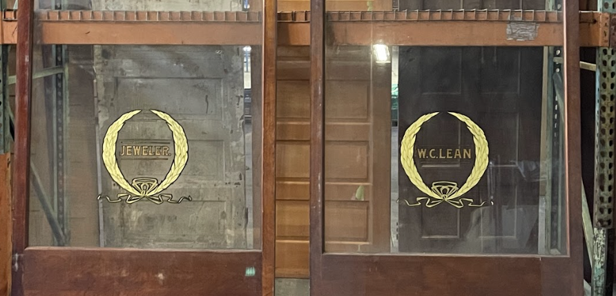 Display Cabinet Door from W.C. Lean Jewelry Store in Downtown San Jose - Mahogany with Glass Pane - Jewelry in Gold Leaf - 46 1/8" x 82" x 1 1/2"